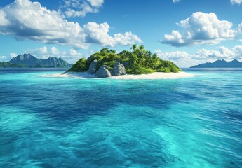 Serene Tropical Island with Lush Greenery, Crystal Clear Blue Water, and Scenic Mountains in Background Under Bright Blue Sky with Fluffy Clouds