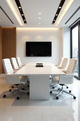 Modern office meeting room with sleek white furniture, wooden accents, and a flat screen TV, flat screen TV, wood