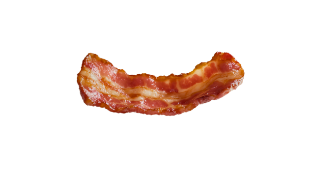 Crispy, fried piece of bacon — a slice of pork containing countless proteins and minerals, part of a healthy diet.