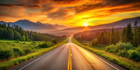 Naklejka premium Asphalt road leading towards a vibrant sunrise over a mountainous landscape with lush green vegetation