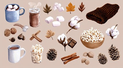 Watercolor cozy autumn clipart set