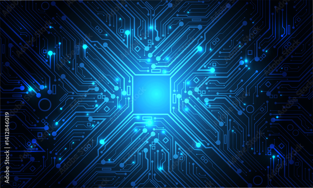 Poster Abstract blue circuit board technology connected lines electronics elements computer motherboard chip processor semiconductor digital background vector