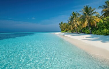 Serene Tropical Paradise with Crystal Clear Water and Private Sandy Shoreline Surrounded by Lush Palm Trees and Vibrant Greenery Under a Clear Blue Sky