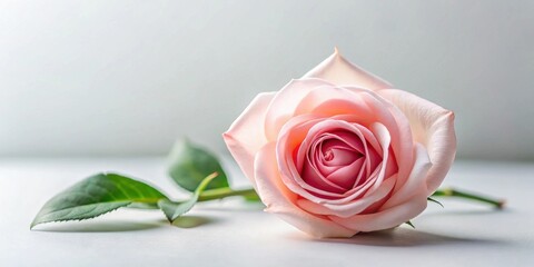 A delicate light pink rose rests gently on a smooth surface, its petals softly unfurled, showcasing nature's exquisite beauty