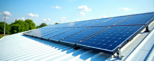 Solar photovoltaic panels installed on a commercial metal roof generating green energy, electricity, green building