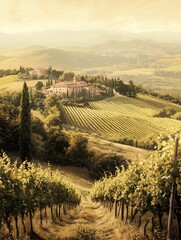 Fototapeta premium Tuscan Vineyard Landscape with Farmhouse and Cypress Trees on Rolling Hills