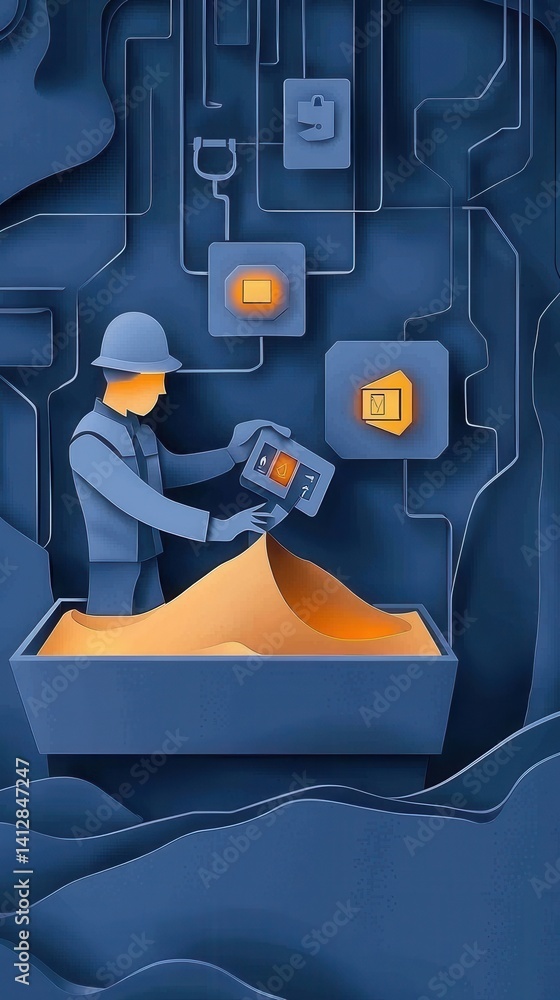 Poster an illustration of a worker interacting with technology in a sandbox environment, symbolizing innova