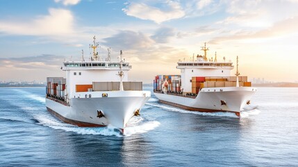Fototapeta premium Two Large Container Ships Navigating in Calm Waters Under a Beautiful Sky at Sunset, Showcasing Maritime Industry and Transportation
