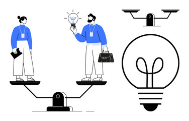 Businessman with briefcase and businesswoman with folder standing on balanced scale, exchanging light bulb representing ideas. Ideal for teamwork, equality, collaboration, innovation, leadership