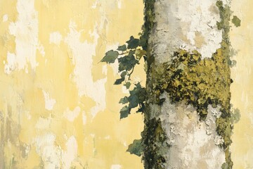 Aged pale yellow wall with a birch tree trunk.