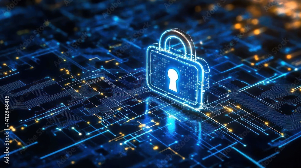 Poster glowing digital padlock on electronic circuit background symbolizing cybersecurity and data protecti