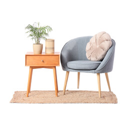 Armchair with table and rug on white background