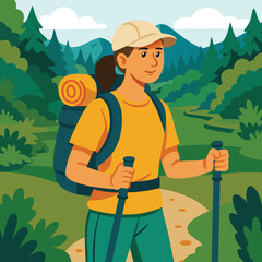 Illustration of a young woman hiking with poles and backpack through a green forest path. Represents outdoor activity, travel, eco tourism and healthy lifestyle.