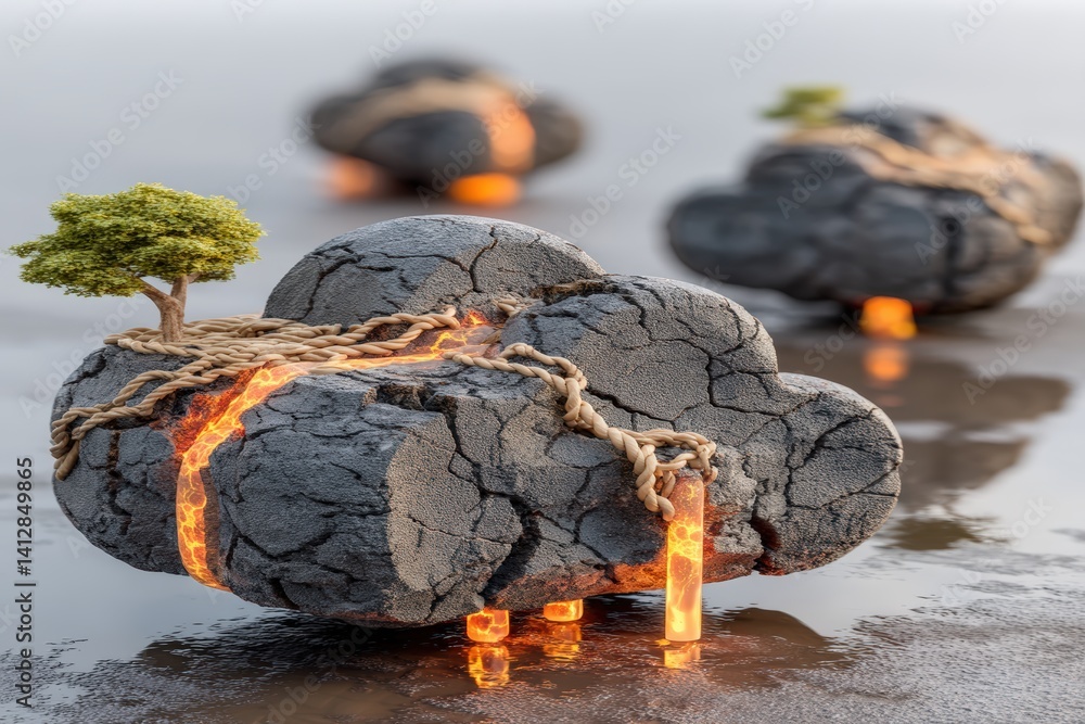 Poster a surreal landscape featuring rocky clouds, intertwined with glowing lava and a small tree, creating