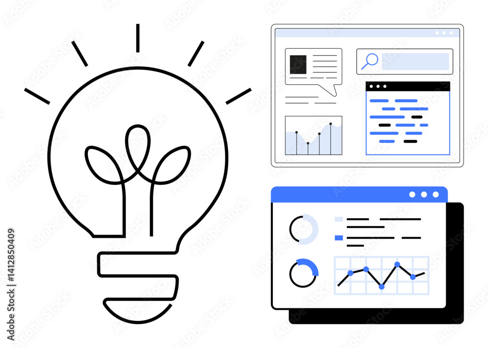 Poster light bulb with growing elements, analytics dashboard, and communication interface. ideal for innova