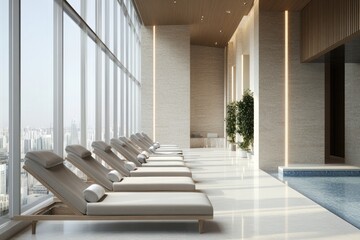 Obraz premium Indoor pool area with lounge chairs and large windows overlooking a cityscape.