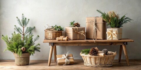 Rustic Winter Decor with Eco-Friendly Wrapped Gifts and Potted Evergreens on a Wooden Bench
