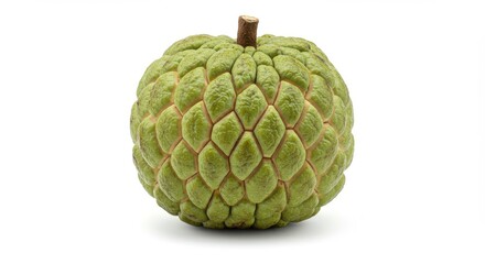 Fototapeta premium Single custard apple with a bumpy, scale-like green skin featuring a mix of pale and dark green tones