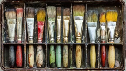 Collection of used paintbrushes in a vintage wooden box, artist supplies