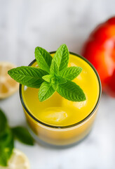 glass of orange juice with a mint garnish