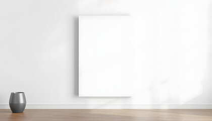 Smooth empty vertical canvas mounted on wall. Crisp backdrop for creative mockups, elegant art display. Gentle glow on pristine white surface., digital art. with white shades