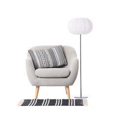 Grey armchair with lamp and rug on white background