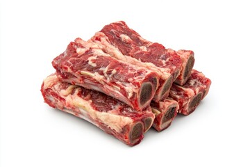 Obraz premium Angled view of raw beef ribs with bone exposed and rich red color isolated on white background color, photorealistic accuracy, good composition, high resolution