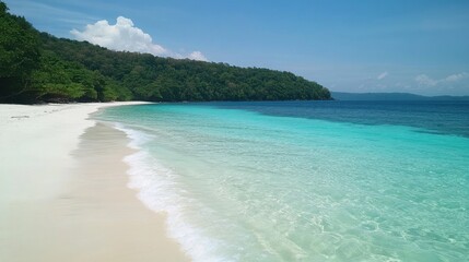Seaside Serenity: A panoramic view of a tropical paradise, where a pristine beach meets crystal-clear turquoise waters, framed by lush green mountains, embodying the perfect escape and tranquility. 