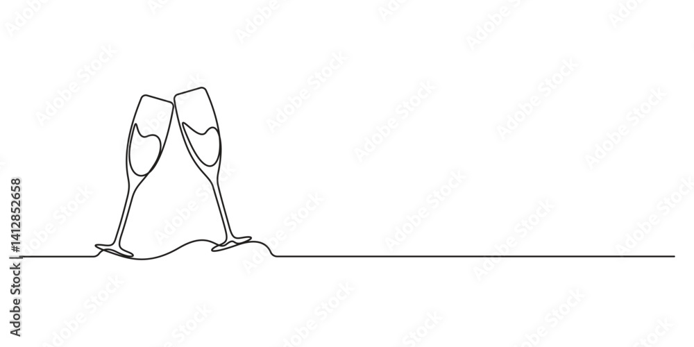 Poster continuous single line drawing of two glasses of red wine. toast and cheers with splash in simple li