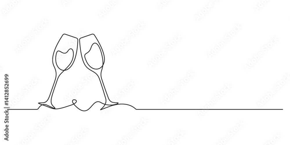 Poster continuous single line drawing of two glasses of red wine. toast and cheers with splash in simple li