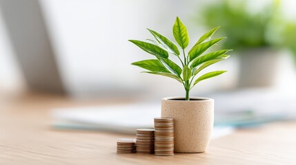 A small potted plant sits beside stacks of coins, symbolizing growth, prosperity, and financial investment in a serene indoor environment.