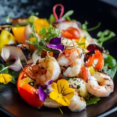 Seafood salad with shrimps, prawns and vegetables on black plate. grilled food, edible flowers, selective focus.