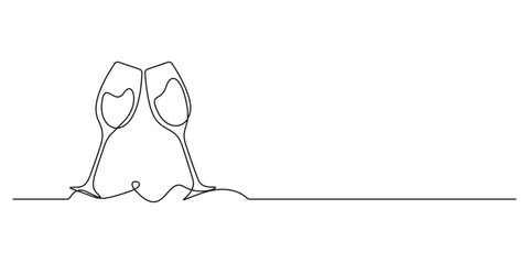 Continuous single line drawing of two glasses of red wine. Toast and cheers with splash in simple linear style. Alcohol and cocktail drink menu in editable stroke. Doodle vector illustration 
