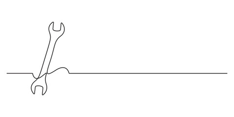  Continuous one line drawing of repair wrench tool. Isolated on white background. Vector illustration