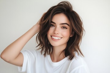 Smiling woman with brown hair wearing a white t-shirt against a white background.