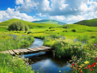 Obraz premium Serene Meadow and Stream: A wooden bridge arches over a tranquil stream, meandering through a lush, vibrant meadow. The scene, framed by rolling hills and a bright, cloud-dappled sky.