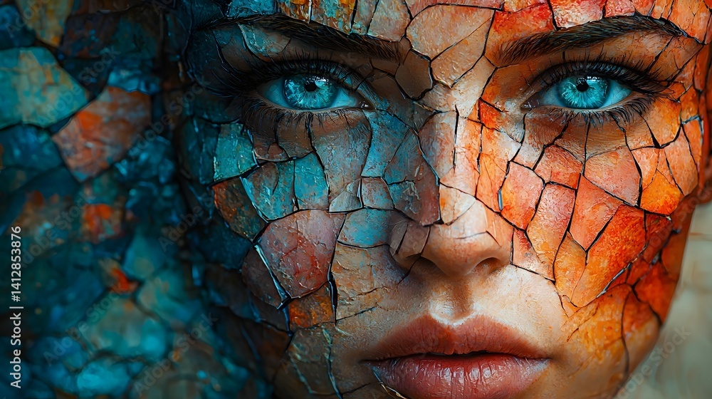 Poster surreal abstract portrait with fragmented geometric shards