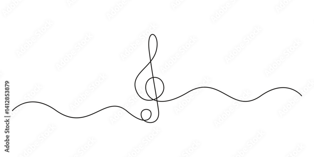 Poster continuous one line drawing music notes on stave musical symbol in one linear style vector illustrat