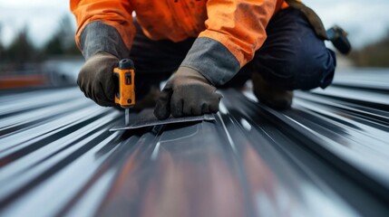 Construction worker cutting metal sheets for roofing installation. Featuring precision and strength