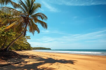 Fototapeta premium Tranquil Tropical Beach with Palm Trees and Clear Blue Sky Creating a Serene Atmosphere for Relaxation and Enjoyment of Nature in a Picturesque Setting
