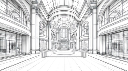 Naklejka premium Architectural drawing of a grand interior hall