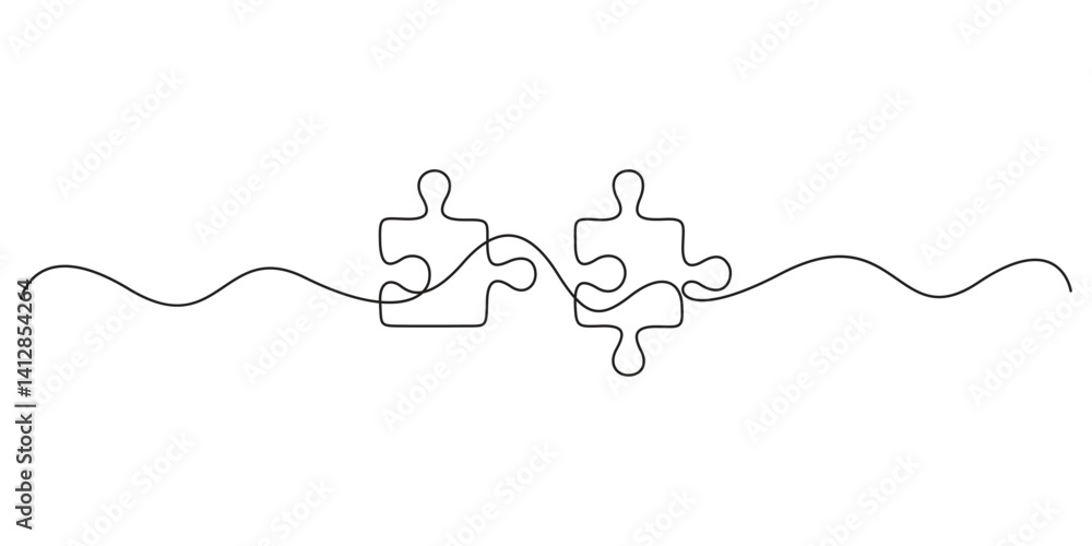 Poster two connected puzzles line art jigsaw pieces continuous one line drawing. puzzles icon single line a