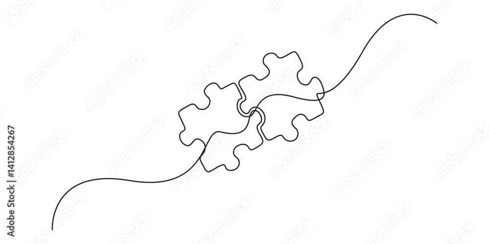 Poster two connected puzzles line art jigsaw pieces continuous one line drawing. puzzles icon single line a