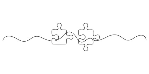 Two connected puzzles line art jigsaw pieces continuous one line drawing. Puzzles icon single line art. Vector illustration