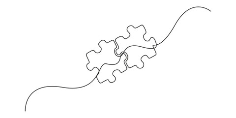 Two connected puzzles line art jigsaw pieces continuous one line drawing. Puzzles icon single line art. Vector illustration