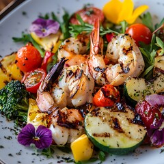 Seafood salad with grilled prawns, zucchini, cherry tomatoes and herbs. Selective focus.