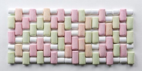 Pastel-colored marshmallows arranged in a neat, interlocking pattern on a white background.  A delightful confectionery composition.