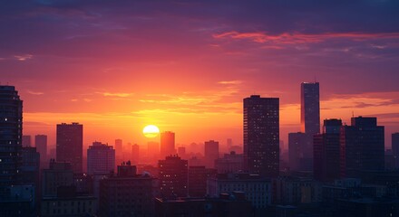 Fototapeta premium City Skyline at Sunset with Fiery Orange Sky and Buildings