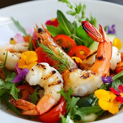 Seafood salad with prawns, tomatoes, arugula and herbs. Selective focus.