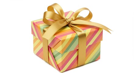 Fototapeta premium Square gift box wrapped in striped paper featuring diagonal bands of pink, orange, yellow, and green